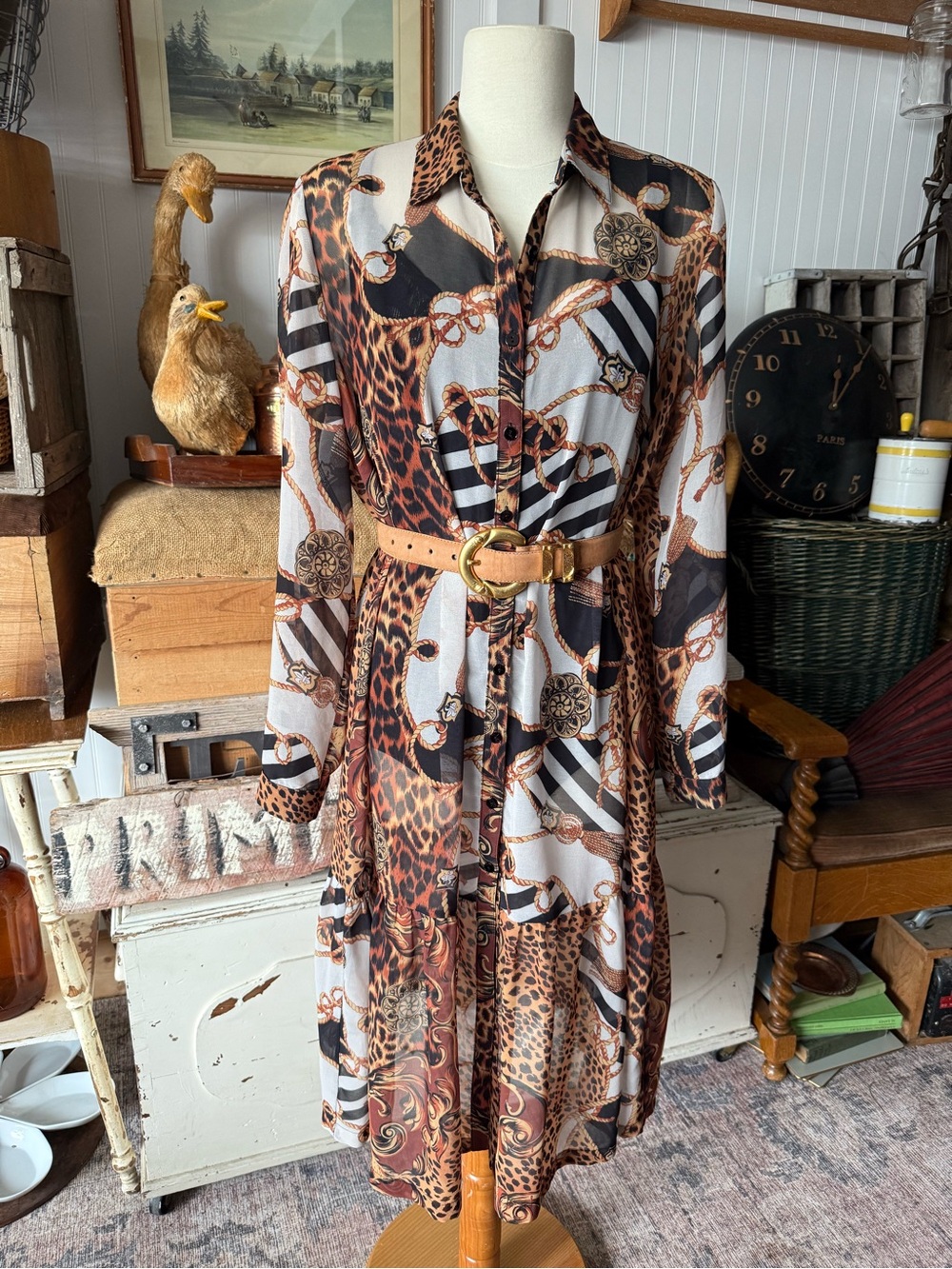 Button-Front Animal & Chain Print Shirt Dress in Brown